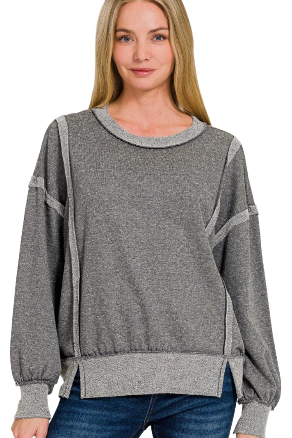 Zenana Washed Exposed-Seam Sweatshirt.