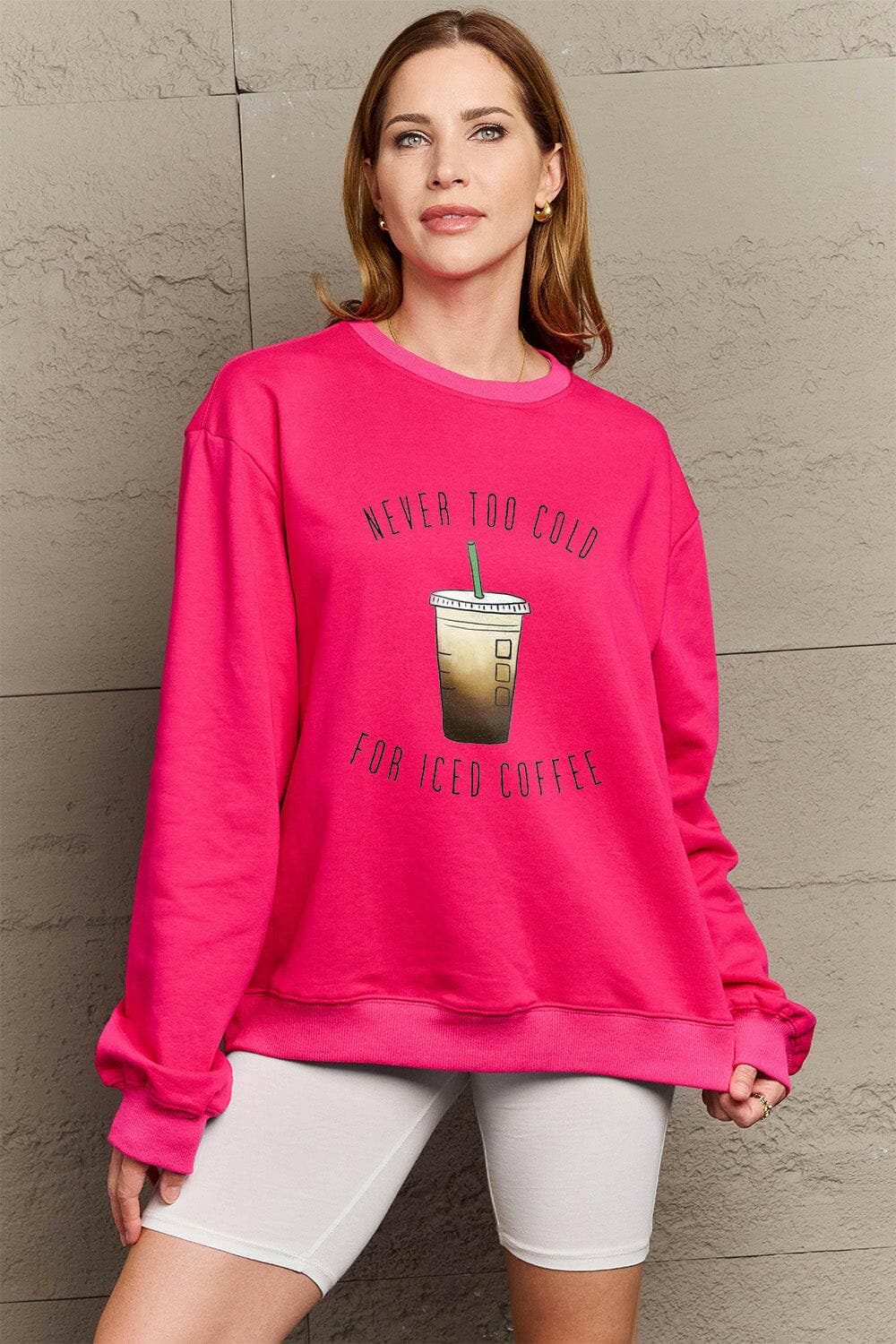 Simply Love Full Size NEVER TOO COLD FOR ICED COFFEE Round Neck SweatsStay Cozy in Style with the Simply Love Full Size Round Neck Sweatshirt
 Indulge in comfort and warmth without compromising on style with our Never Too Cold For IcedLove Salve ICED COFFEE Round Neck Sweatshirtplus