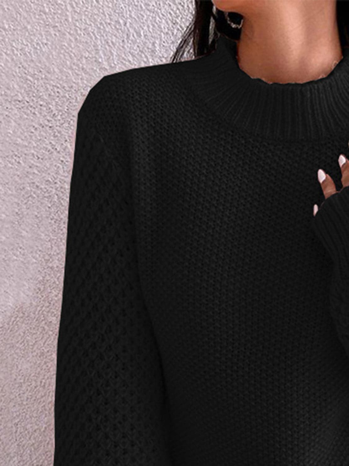 Openwork Mock Neck Long Sleeve Sweater.