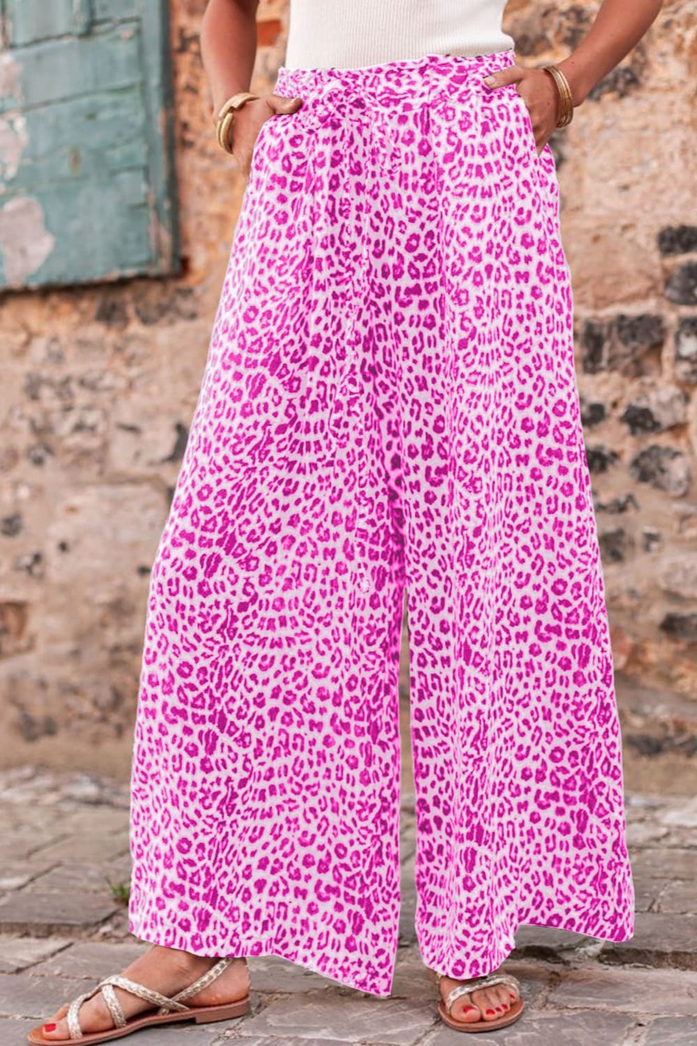 Leopard Drawstring Wide Leg Pants.