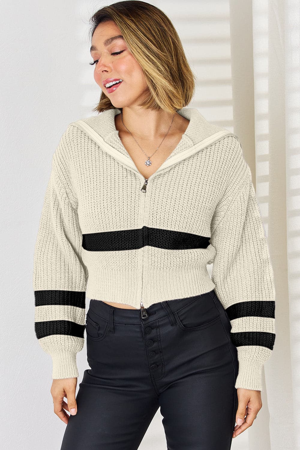 Striped Zip Up Dropped Shoulder Cardigan.