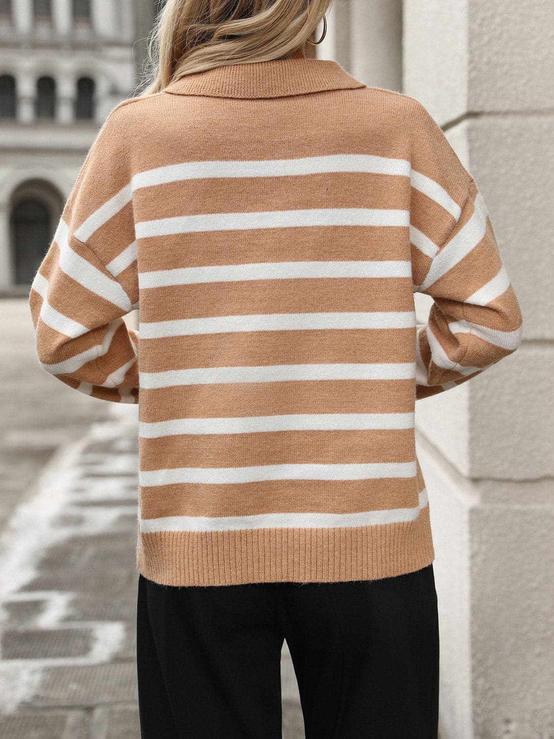 Striped Johnny Collar Long Sleeve Sweater.