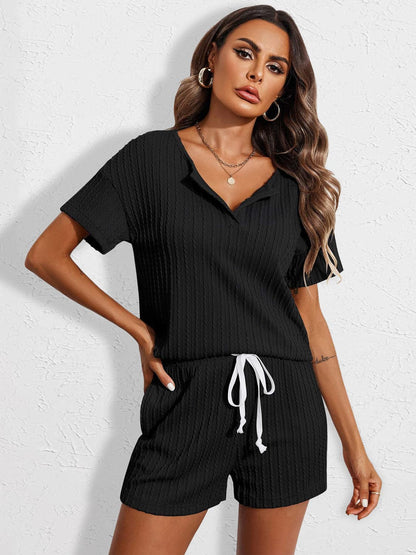 Notched Short Sleeve Top and Shorts Set.