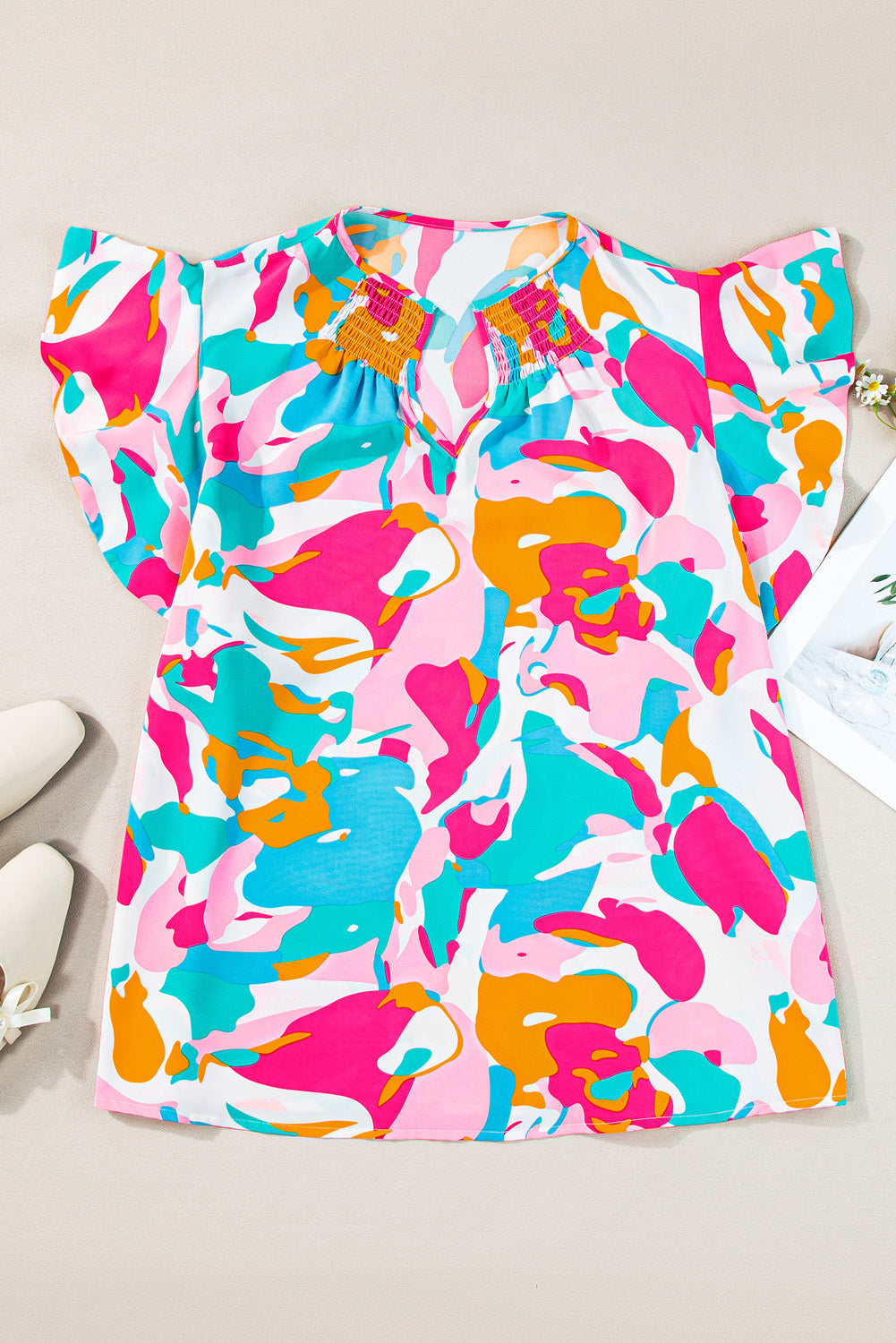 Vibrant abstract print plus size blouse with ruffled sleeves