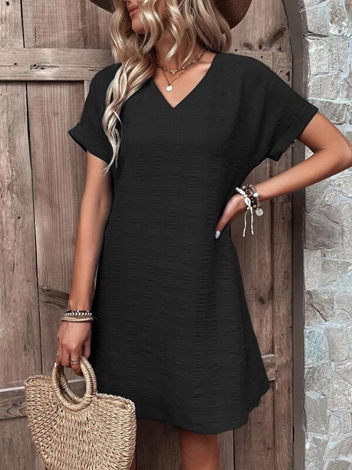 Full Size V-Neck Short Sleeve Mini Dress.