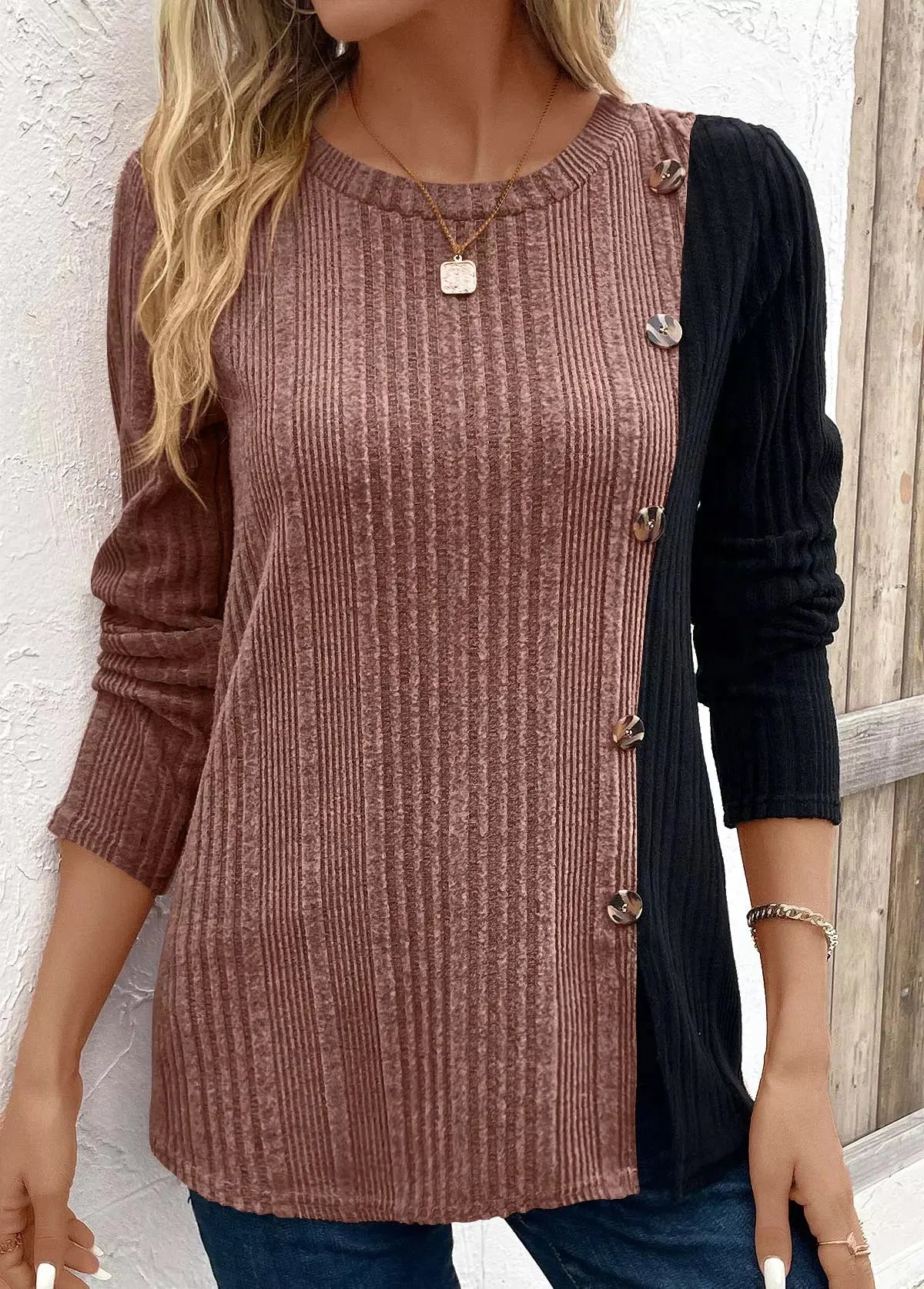 Color Block Ribbed Knit Top With Decorative Buttons Slit Detail Simply Love