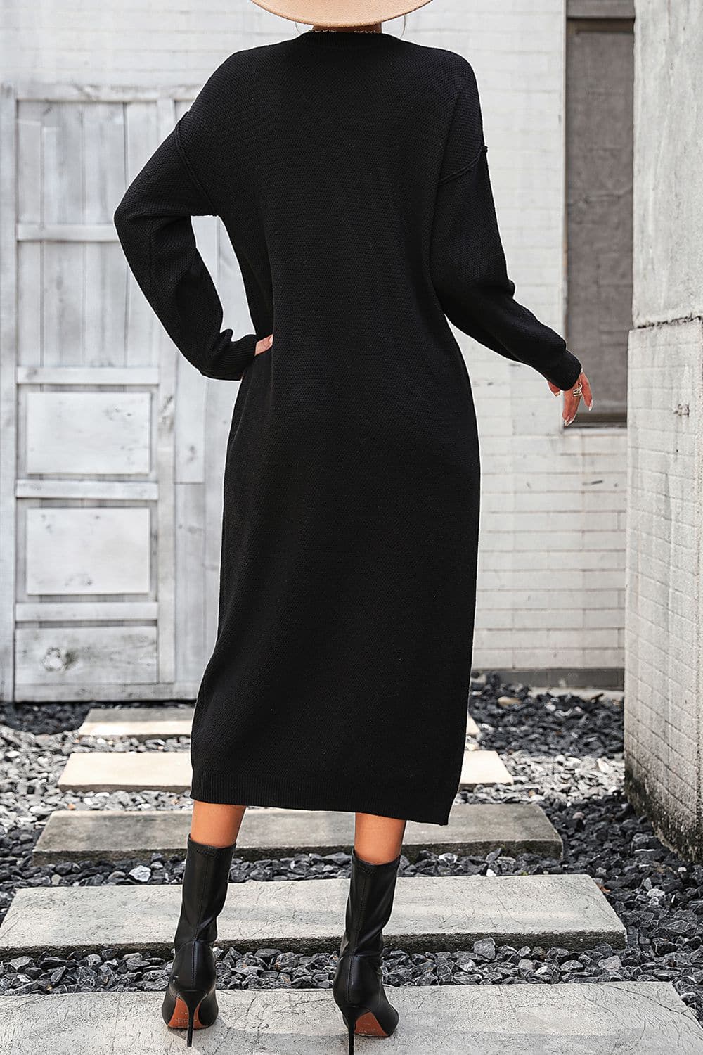 Notched Neck Dropped Shoulder Button-Down Midi Dress.