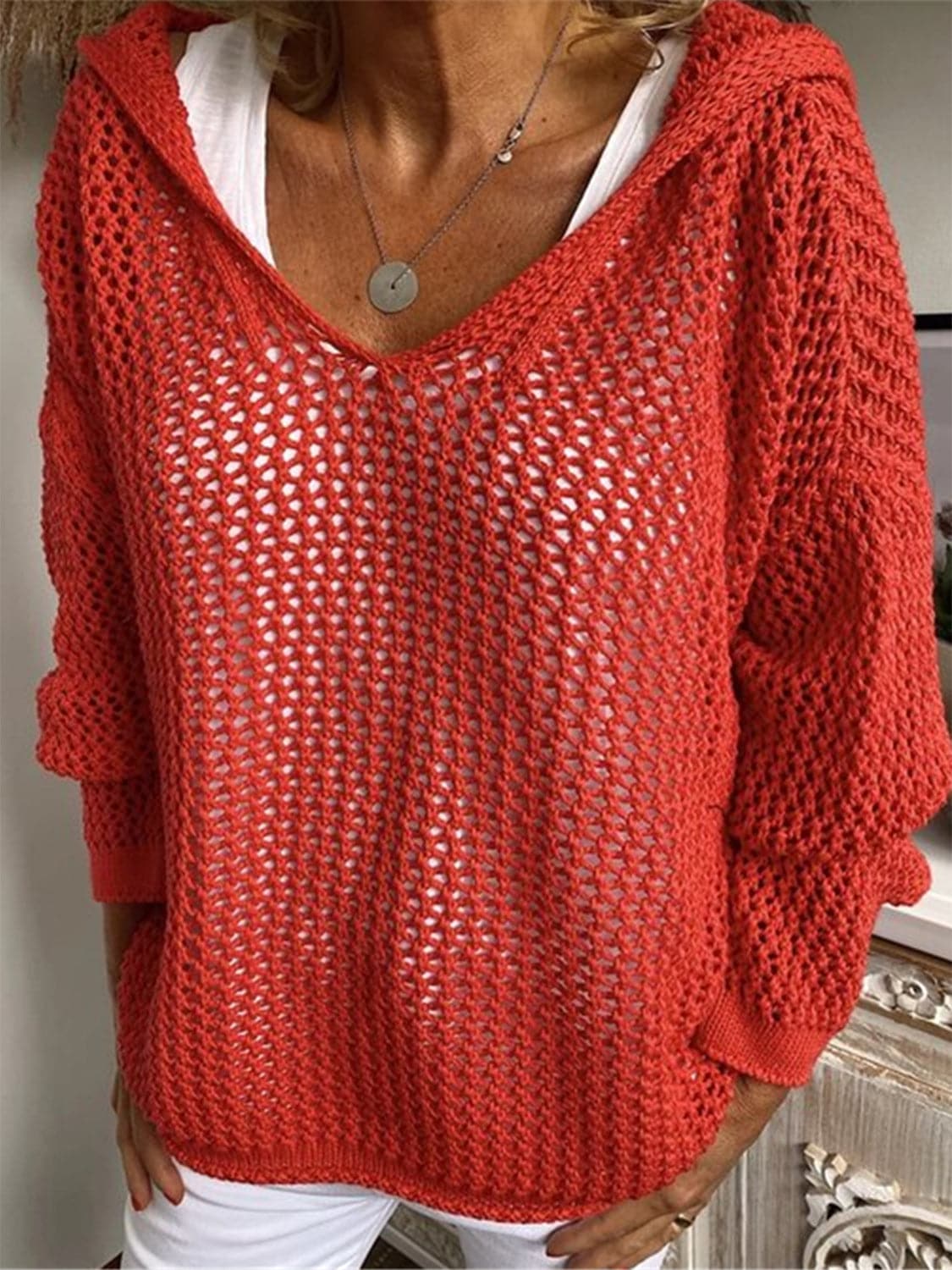 Openwork Hooded Long Sleeve Sweater.