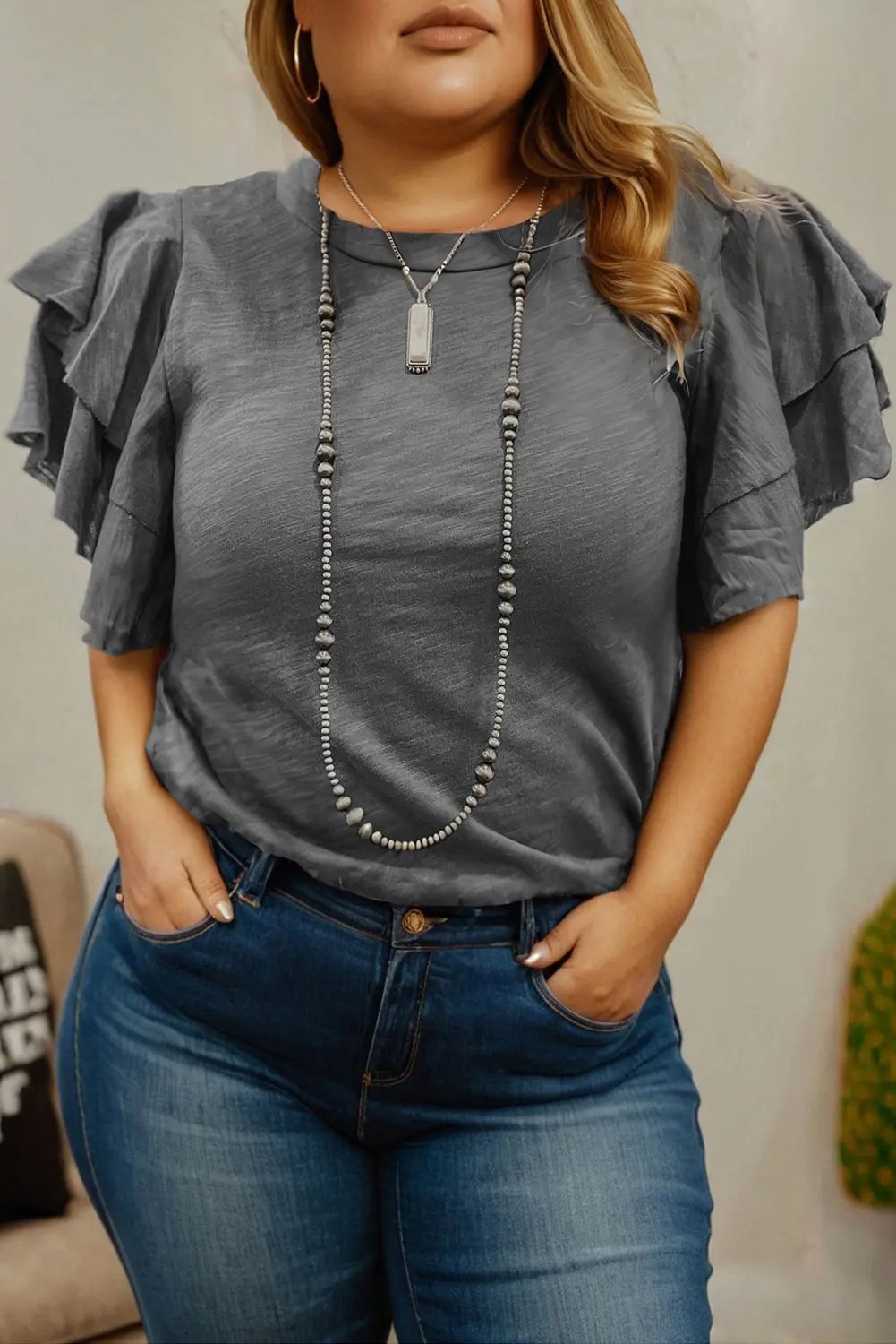 Plus Size Dark Grey Double Ruffled Short Sleeve Top Dear-Lover Dropshipping