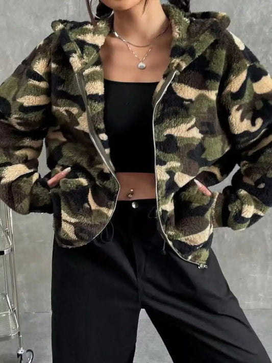 Fuzzy Camo Zip-Up Hoodie Simply Love