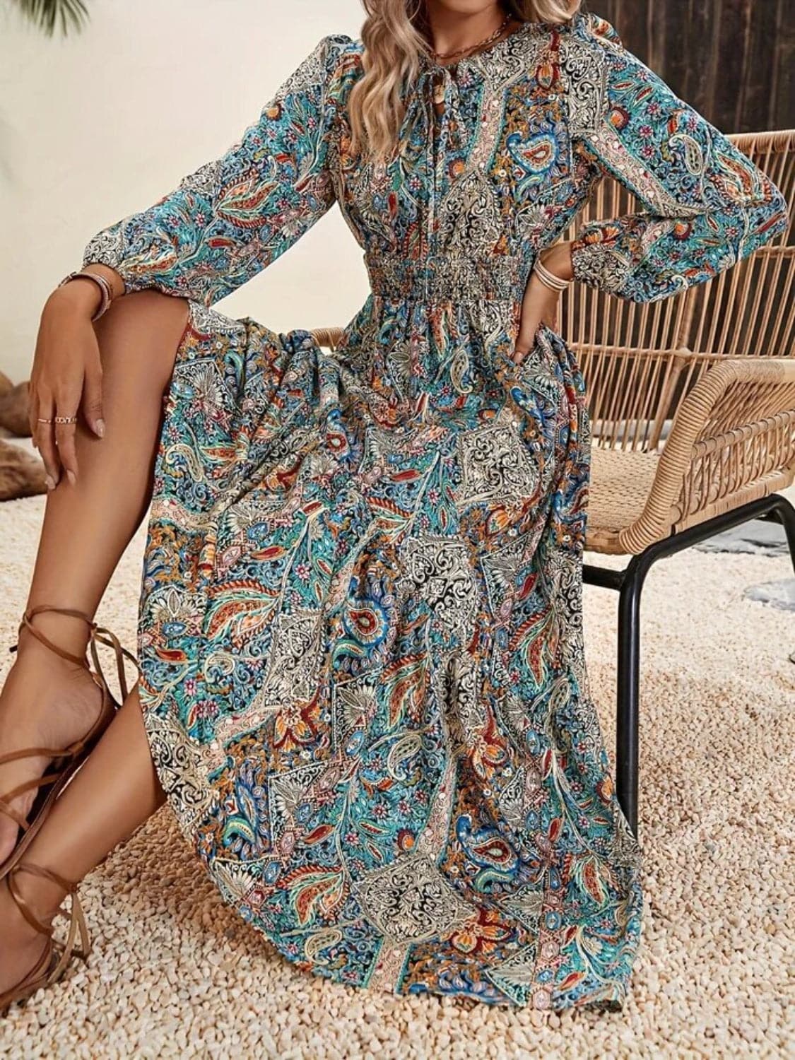 Floral-printed tie-neck long sleeve maxi dress