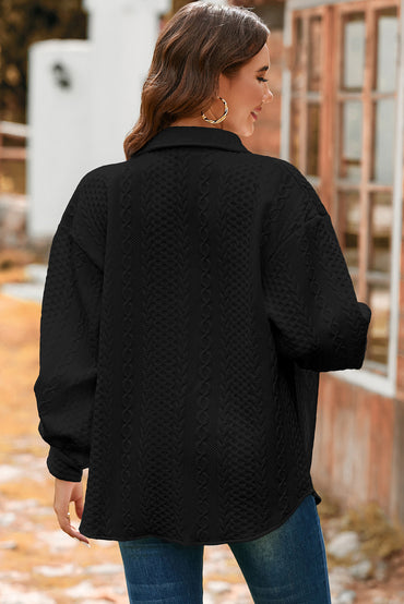 Premium Black Cable Texture Puff Sleeve Shacket Loose Fit Outerwear