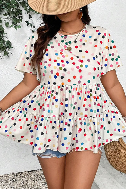 Beige Plus Size Babydoll Blouse with Colorful Polka Dot Print and Ruffled Short Sleeves