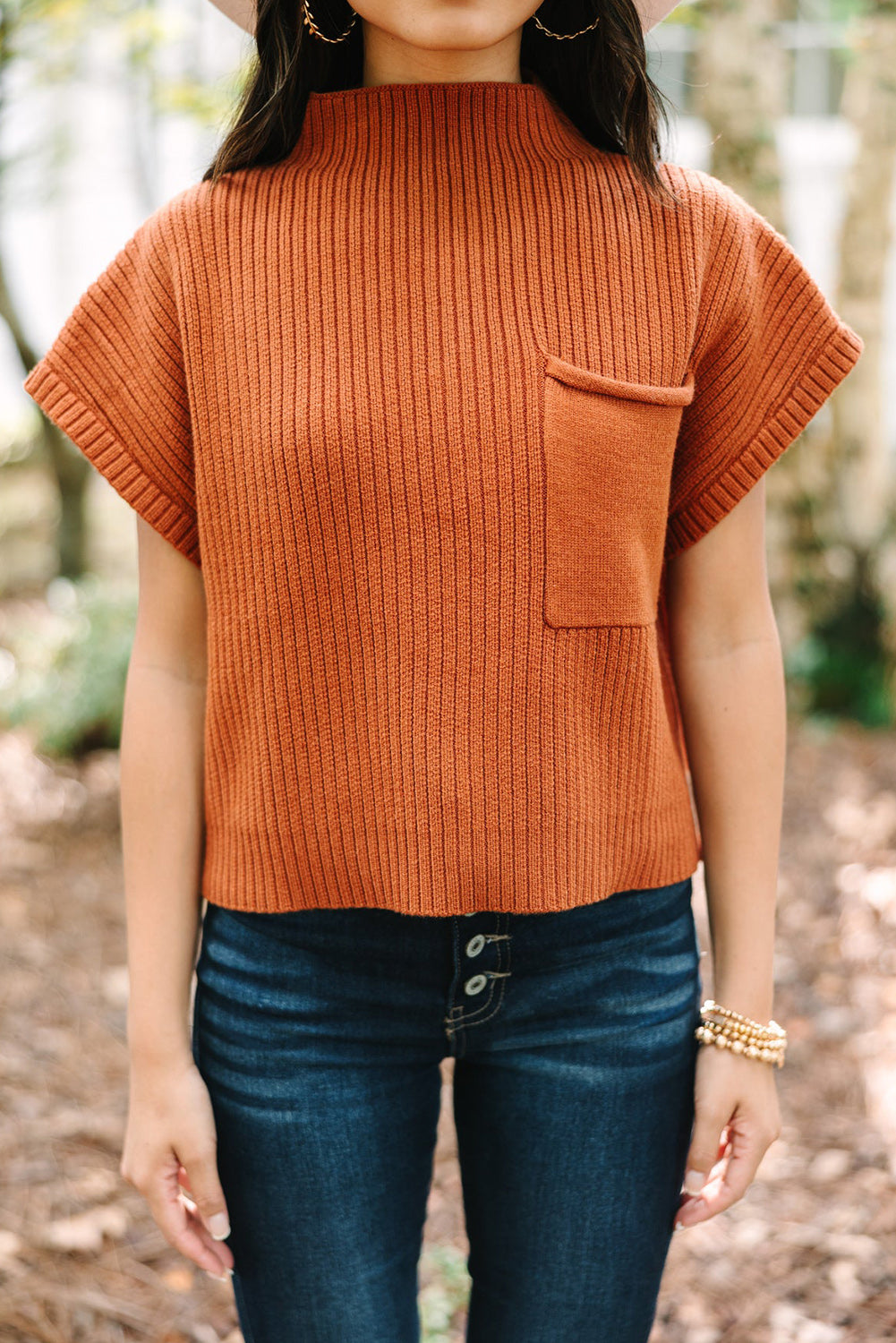 Cozy gold flame ribbed knit short sleeve sweater with patch pocket