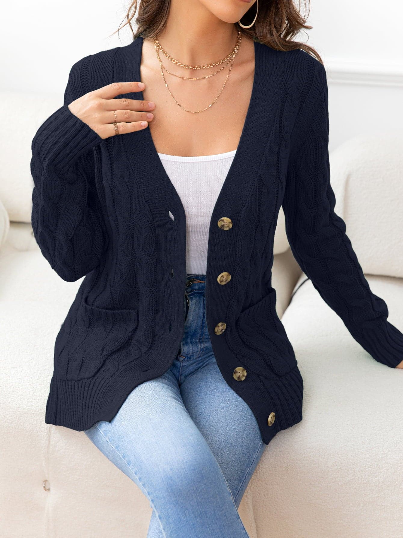 Button Down Cable-Knit Cardigan.