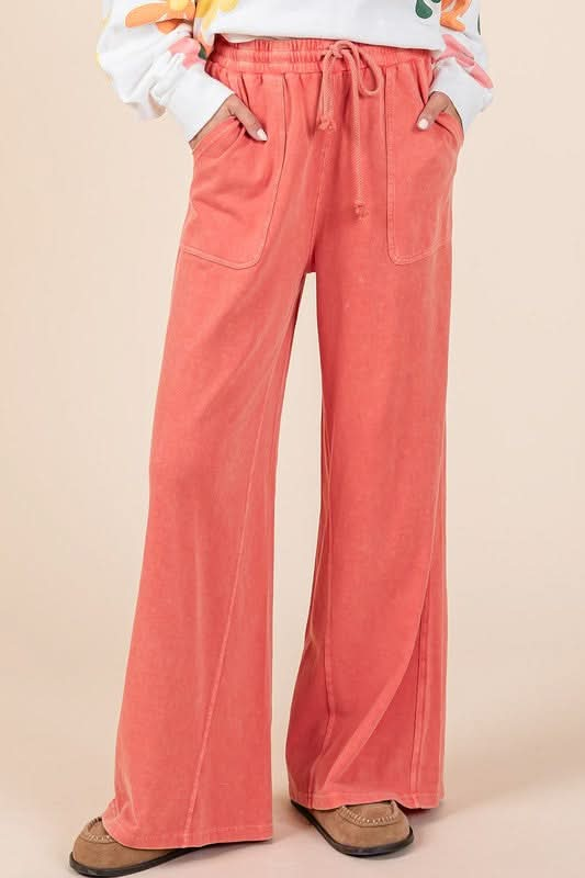 Chic Mineral Wash Wide Leg Drawstring Pants in French Terry