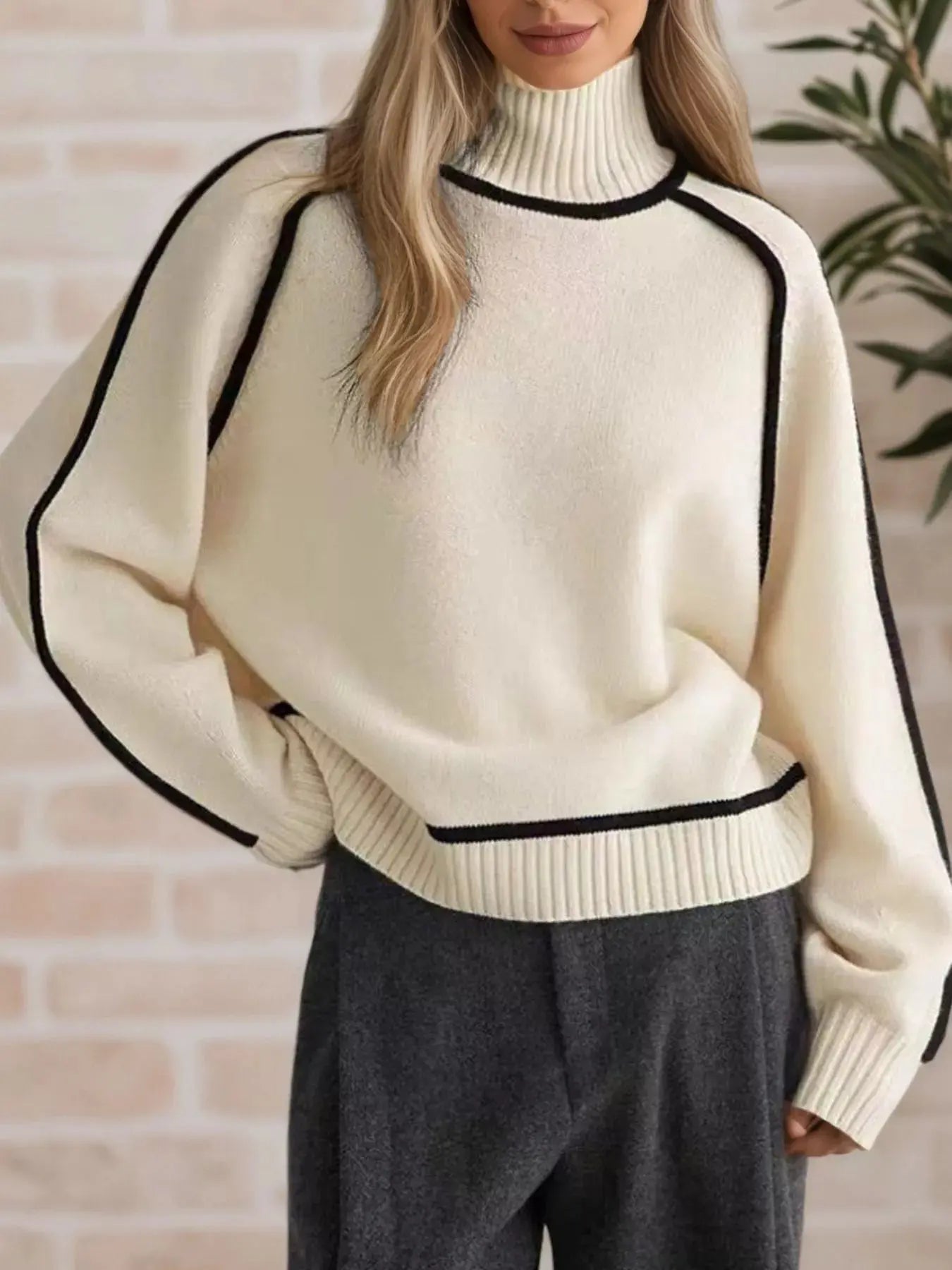 Cream Contrast Trim Turtleneck Sweater With Black Piping Simply Love