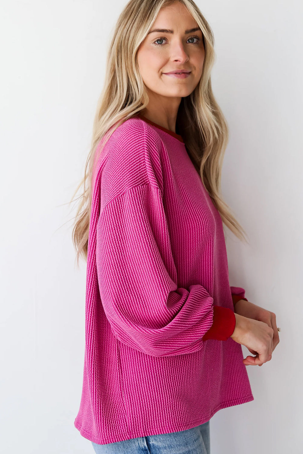 Bright pink drop shoulder top