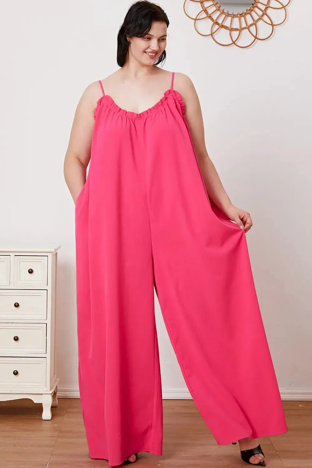 Double Take Full Size Ruffle Trim Tie Back Cami Jumpsuit with Pockets - Love Salve