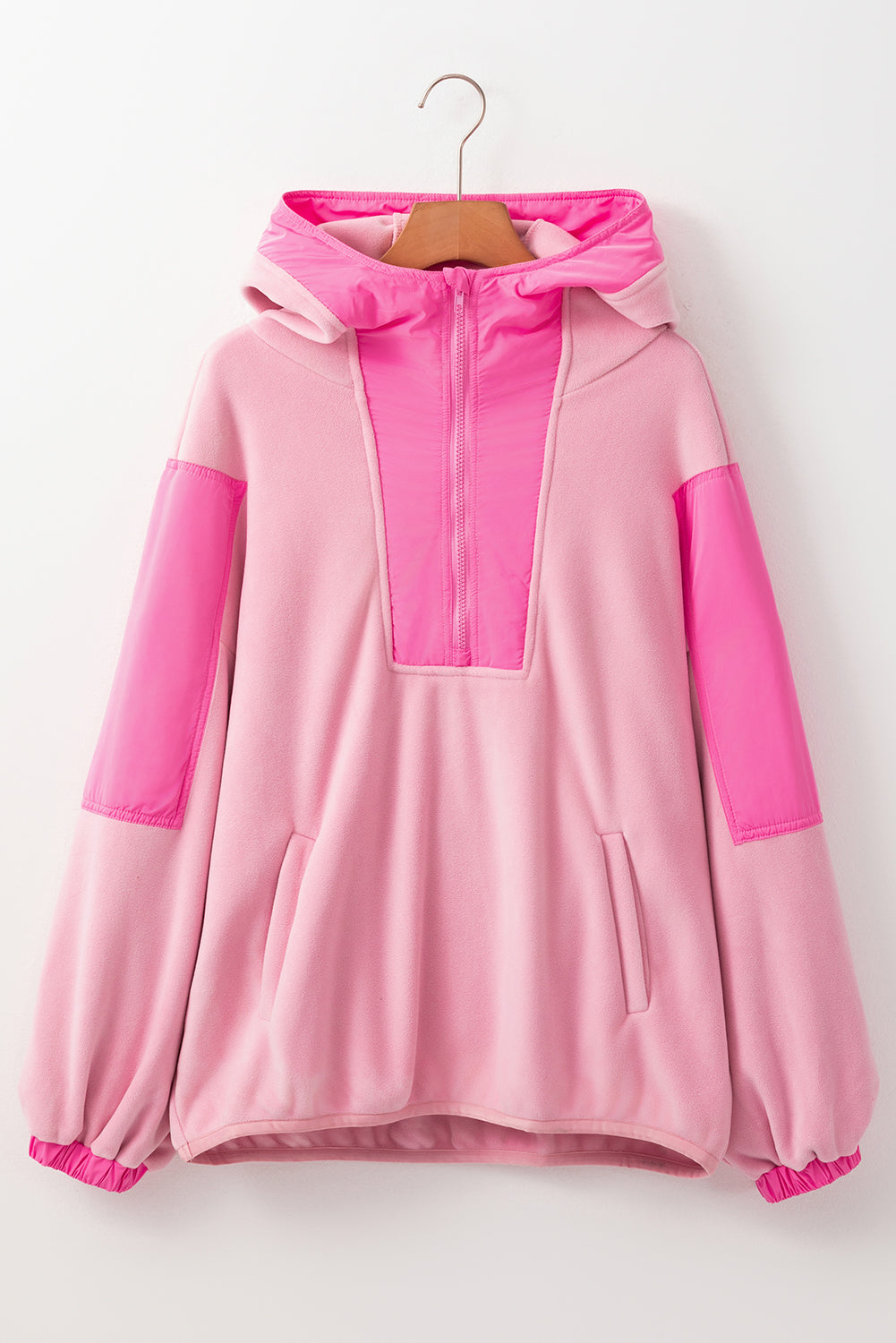 Pink Colorblock Patchwork Half Zip Oversized Sherpa Hoodie