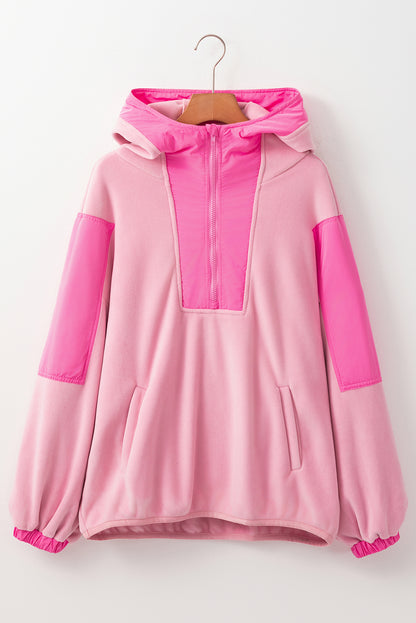 Pink Colorblock Patchwork Half Zip Oversized Sherpa Hoodie