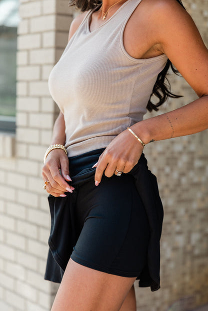 Black High-Waisted Ruched Skort with Built-In Shorts