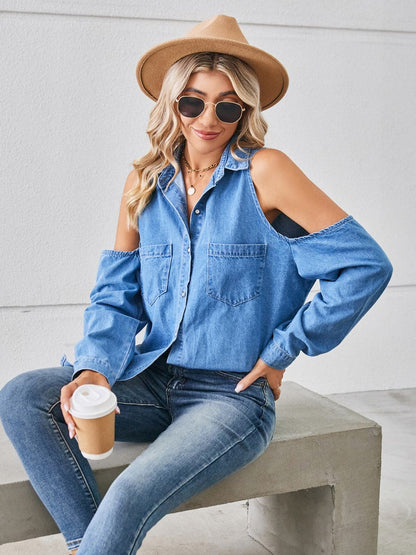 Cold Shoulder Pocketed Button Up Denim Jacket.