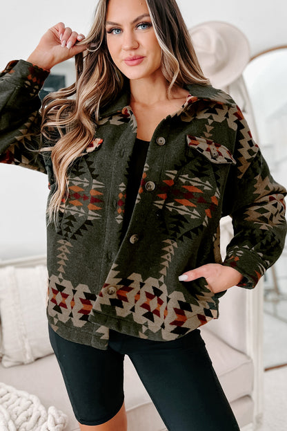 Chic green Aztec print long sleeve shacket with flap pockets