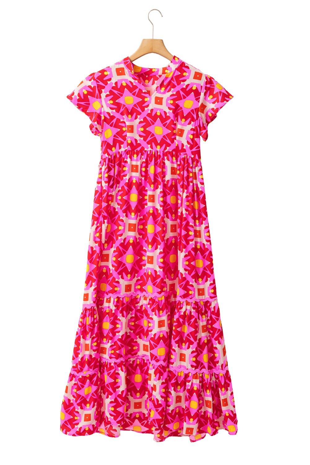 Vibrant strawberry pink geo print maxi dress with V-neckline