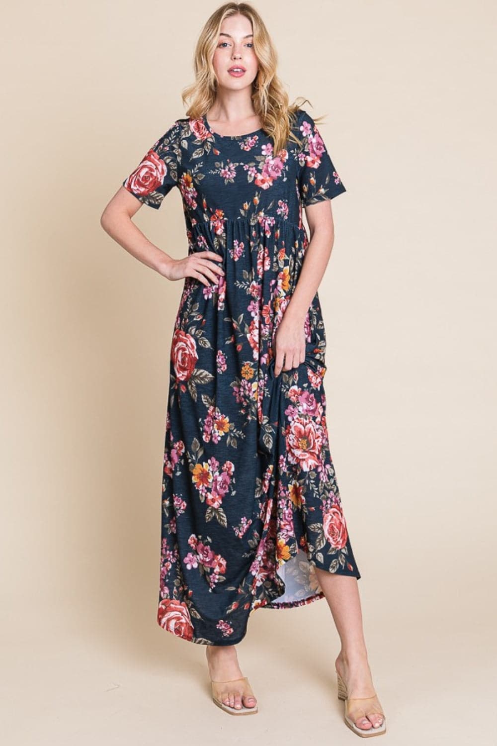 BOMBOM Floral Short Sleeve Maxi Dress.