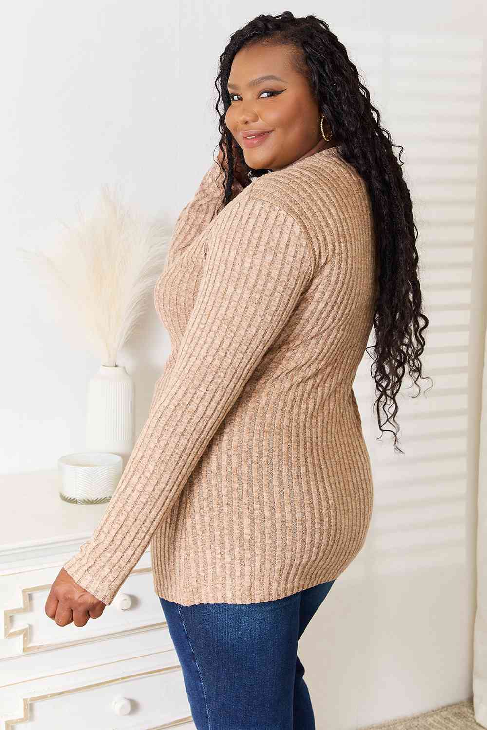 Double Take Notched Neck Ribbed Long Sleeve T-Shirt - Love Salve