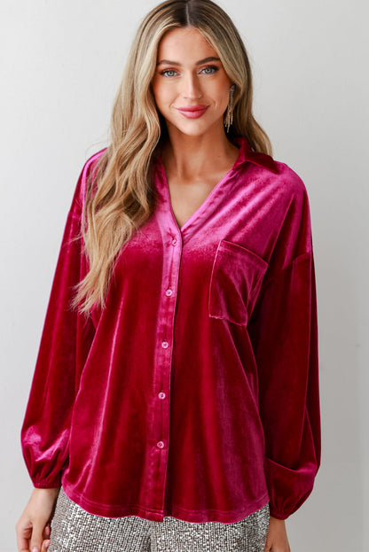 Chic pitaya pink velvet shirt with button details and V-neckline