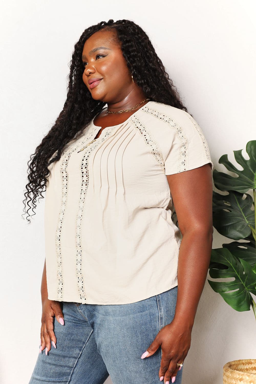 Double Take Crochet Buttoned Short Sleeves Top.