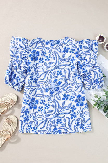 Printed Notched Half Sleeve Blouse.