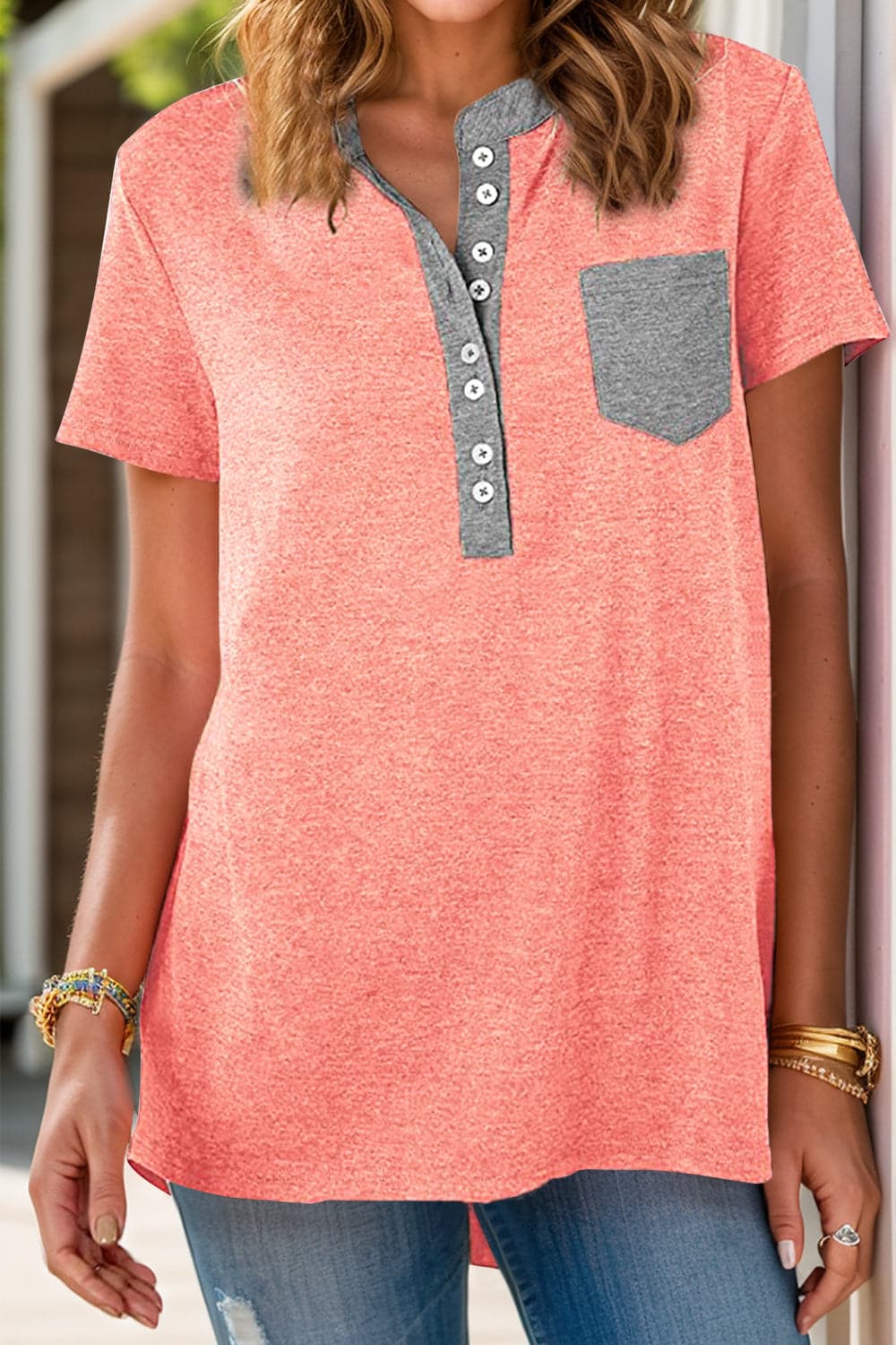 Full Size Half Button Short Sleeve T-Shirt.