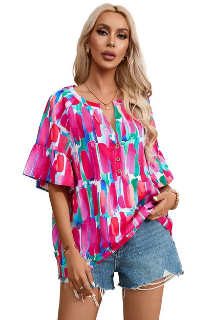 Chic geometric print v-neck blouse with button detail