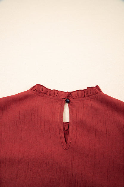 Red Dahlia Solid Color Pleated Detail Ruffle Blouse