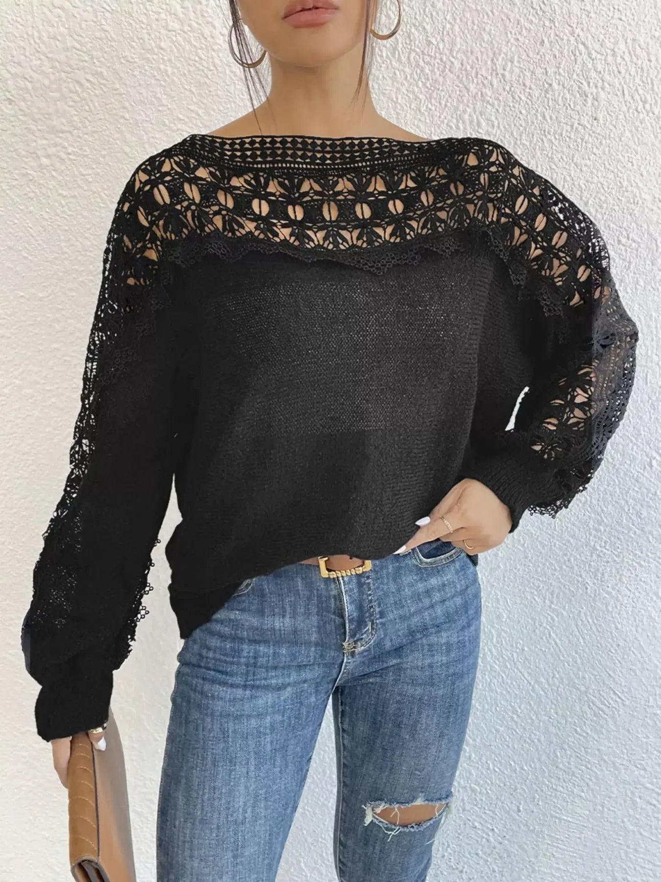 Crochet Lace Long Sleeve Knit Sweater Black Pullover Simply Love