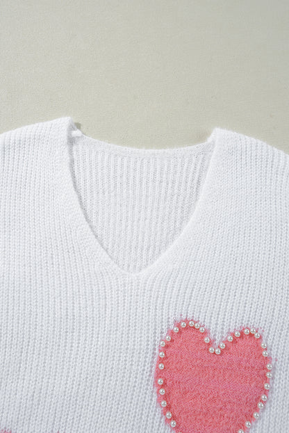 White Pearl Beaded Heart Pattern Fuzzy V Neck Sweater