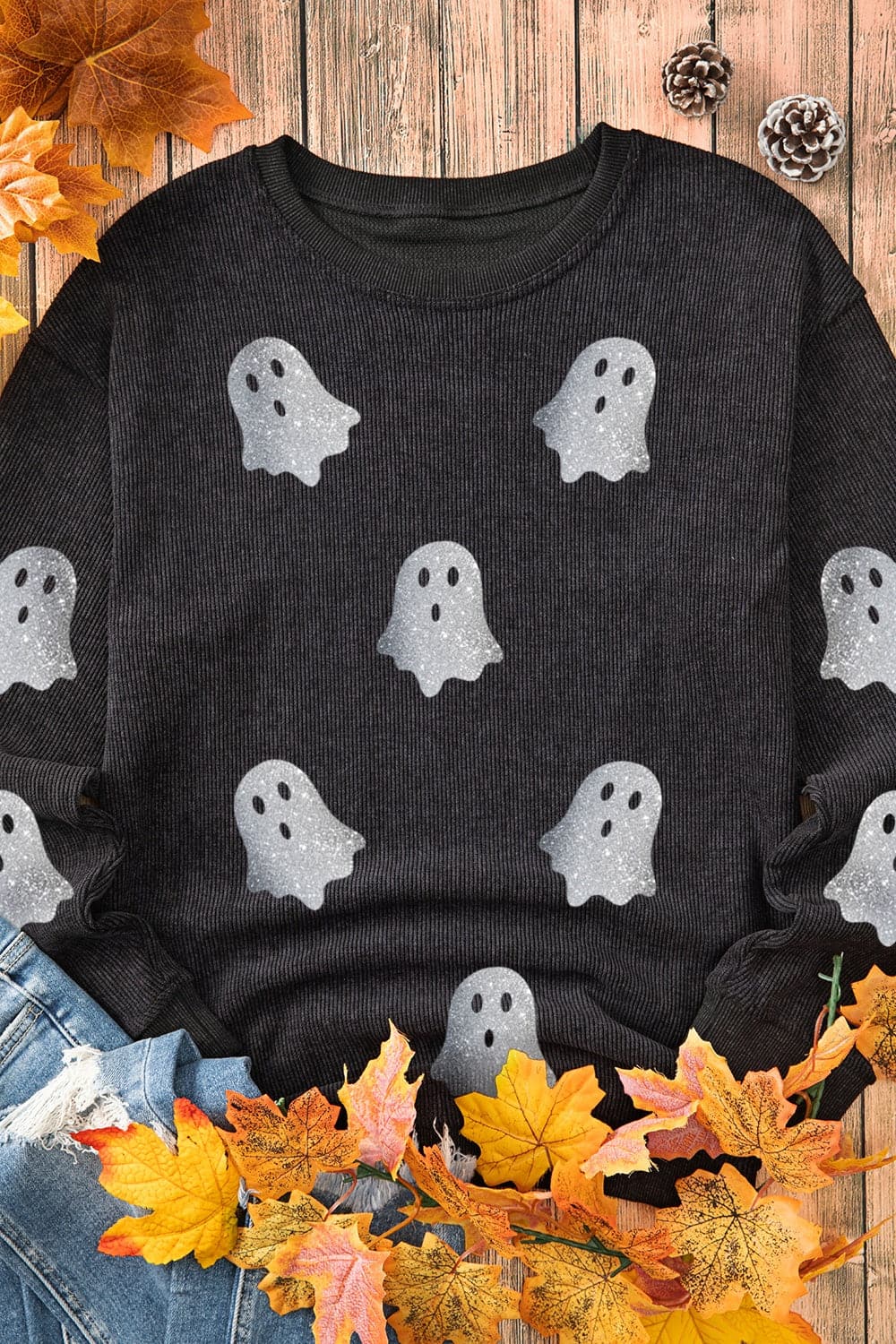 Glittering ghost long sleeve sweatshirt with round neck