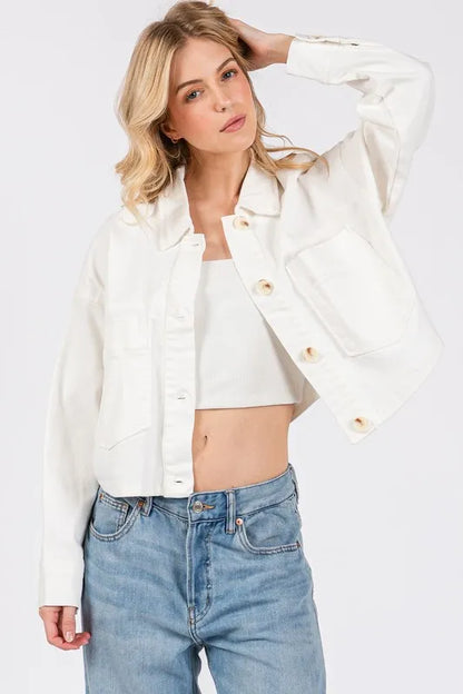 Bytos Button Down Cropped Denim Jacket With Patch Pockets - Love Salve 