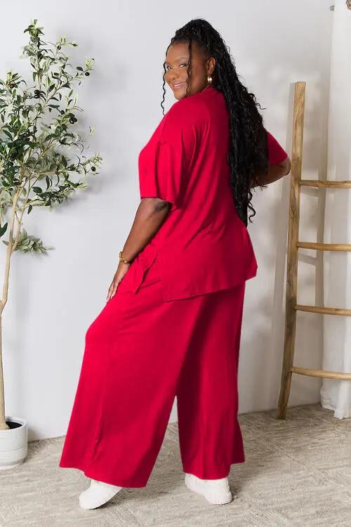 Double Take Full Size Round Neck Slit Top and Pants Set - Love Salve