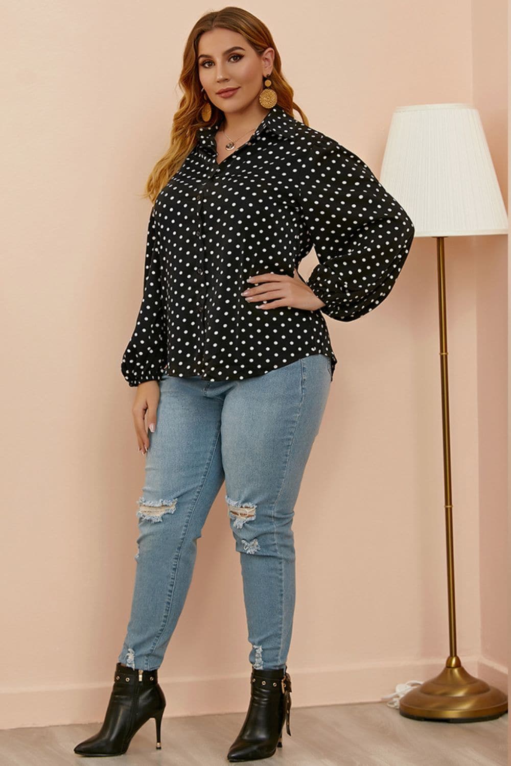 Plus Size Polka Dot Balloon Sleeve Shirt.