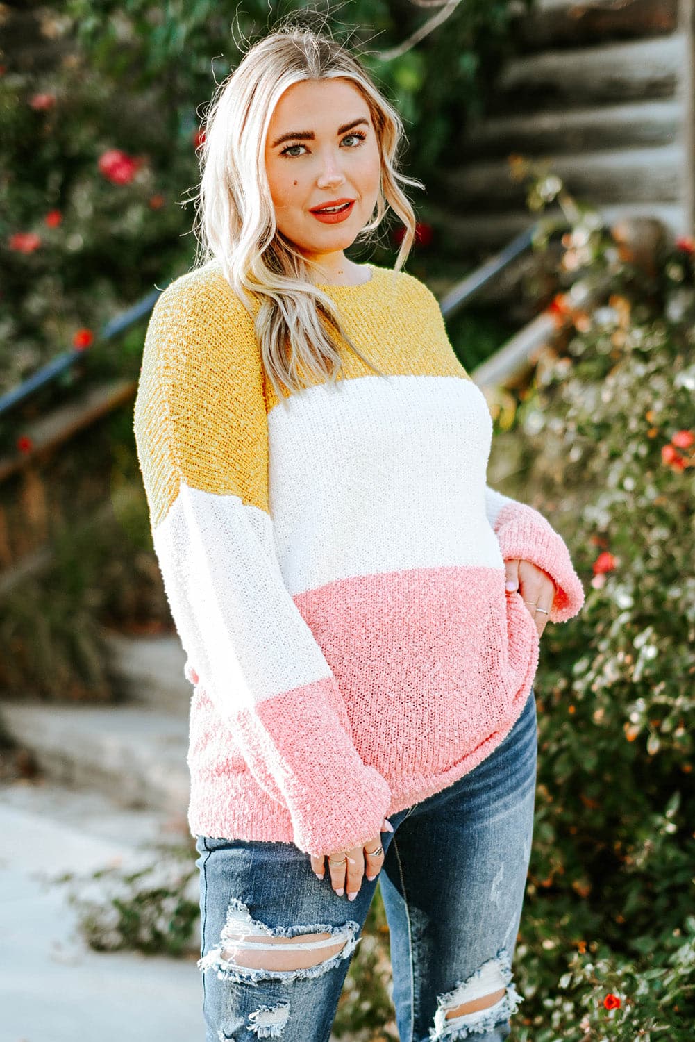 Plus Size Color Block Round Neck Sweater.