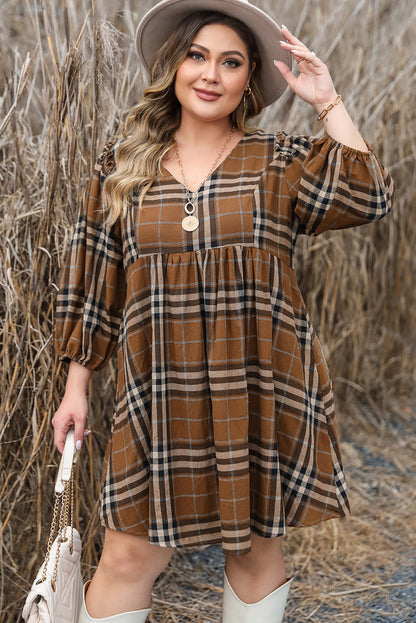 Chic brown plaid plus size babydoll dress with frilled sleeves