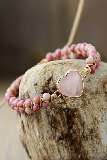 Rose Quartz Heart Beaded Bracelet.