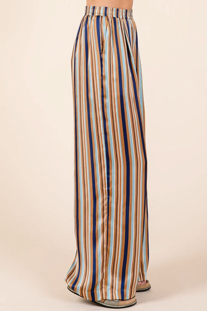 Chic Striped Satin Wide Leg Pants with Elastic Waist and Pockets