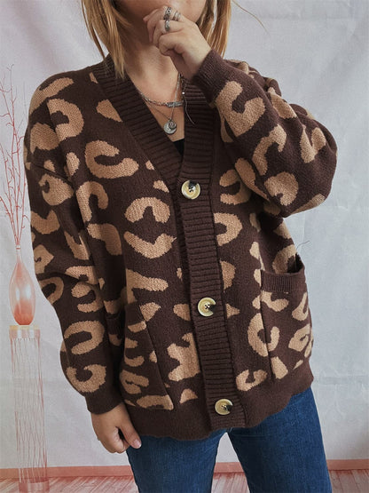 Leopard Button Front Cardigan with Pockets.