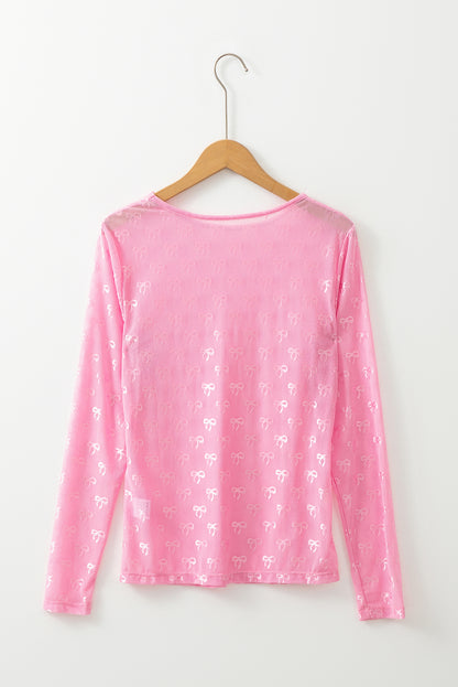 Pink Mesh Bow Pattern Long Sleeve Top for Stylish Women