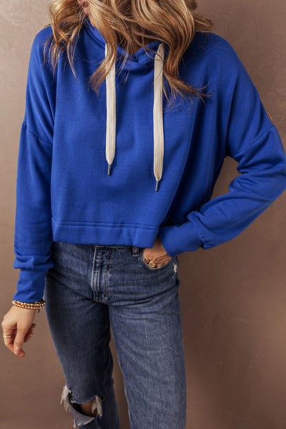 Chic dark blue cropped hoodie with drawstring hood and drop shoulder design